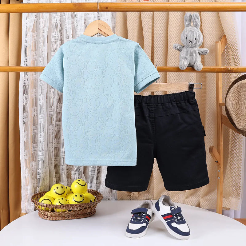 Boys Sea Green Typographic Printed Short Sleeve T-shirts With Elasticated Shorts Sets Sets