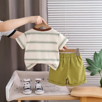 Boys Green Bear Striped Short Sleeve T-Shirt With Elasticated Shorts Sets Sets