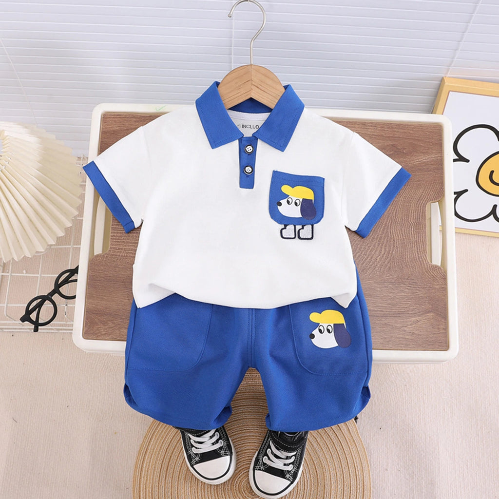 Boys Blue Puppy Graphic Printed Polo T-Shirt With Shorts Sets 2 pc. Sets Blue 1-2 Y