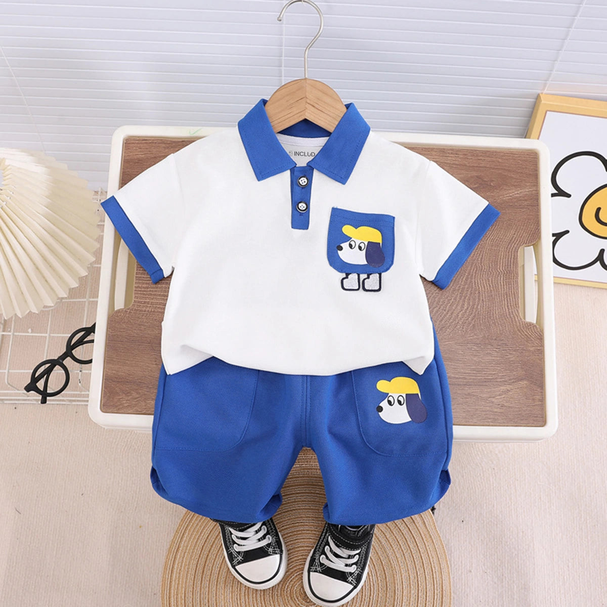 Boys Blue Puppy Graphic Printed Polo T-Shirt With Shorts Sets 2 pc. Sets Blue 1-2 Y