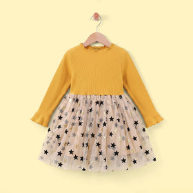 Girls Yellow Star Print Long Sleeve Fit & Flare Dress Casual Dresses Yellow 2-3 Y