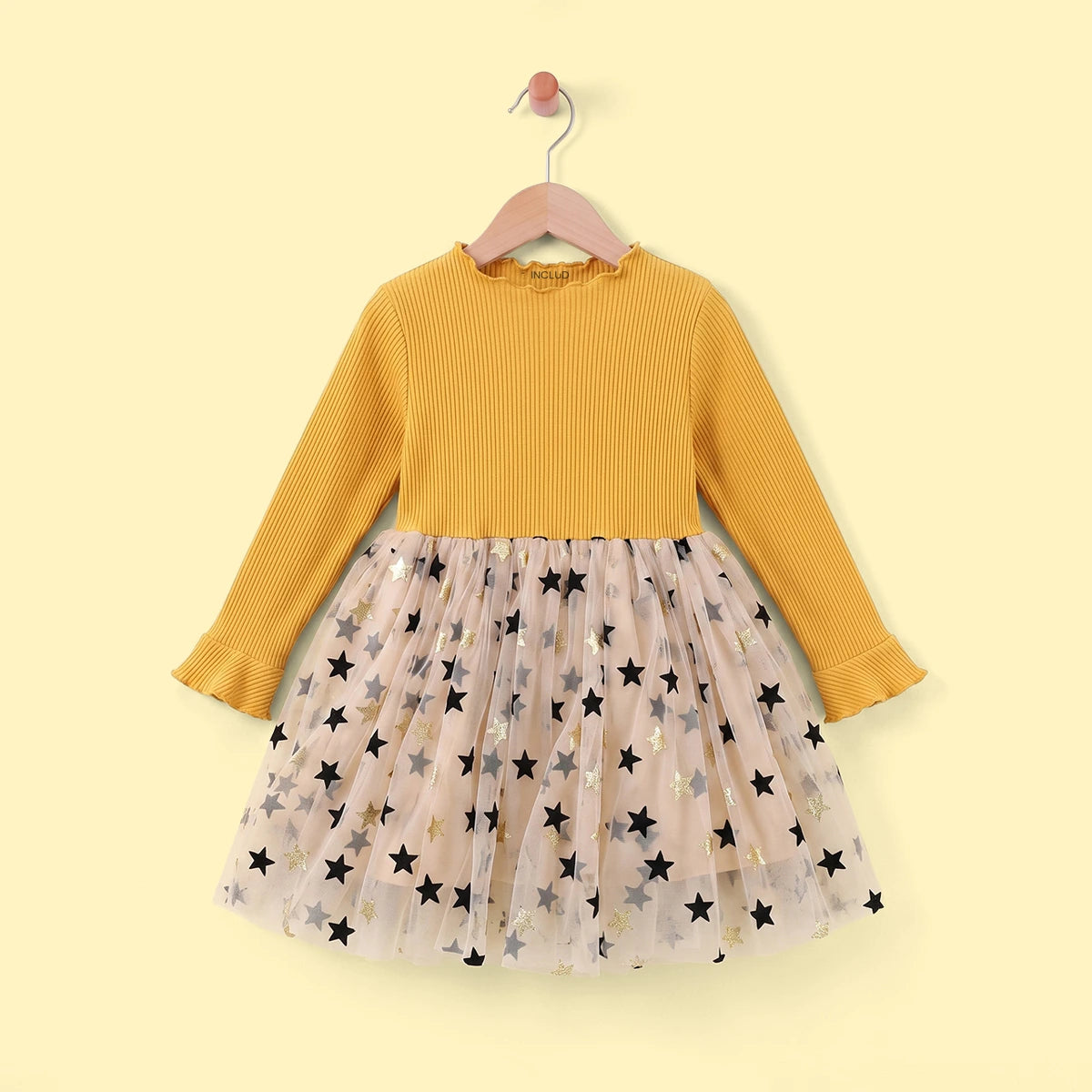 Girls Yellow Star Print Long Sleeve Fit & Flare Dress Casual Dresses Yellow 2-3 Y