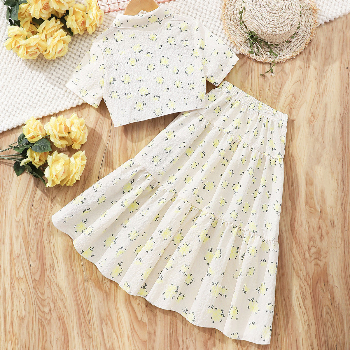Girls Apricot Floral Printed Short Sleeves Top With Tiered Skirt Set 2 pc. Sets