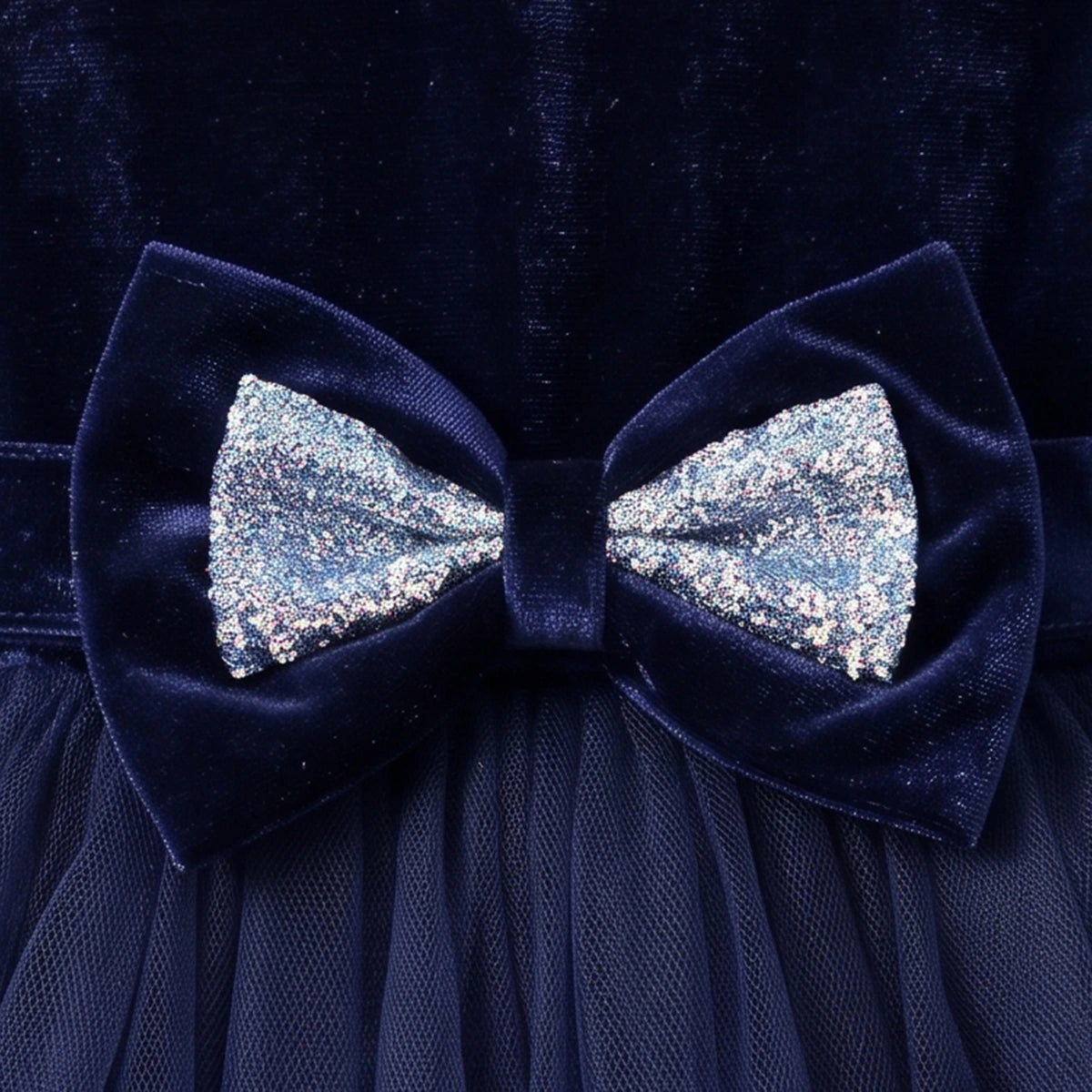 Girls navy blue party dress with puff sleeves and bow