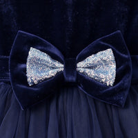 Girls navy blue party dress with puff sleeves and bow