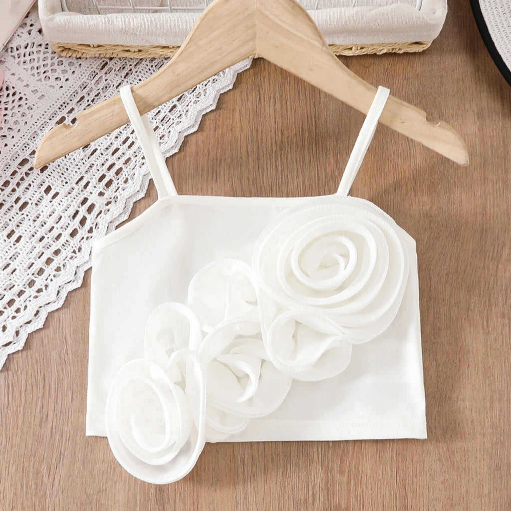Girls White 3d Flowers Applique Crop Top With Denim Skorts Set Sets