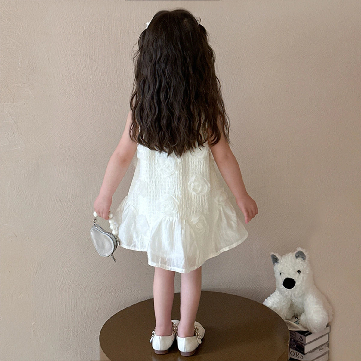 Girls Off White Floral Applique Sleeveless A-Line Dress Casual Dresses
