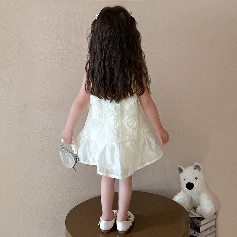 Girls Off White Floral Applique Sleeveless A-Line Dress Casual Dresses