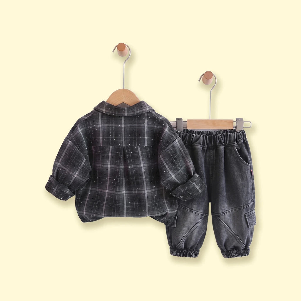Boys Black Checked Shirt With T-Shirt And Denim Pants Sets 3 pc. Sets