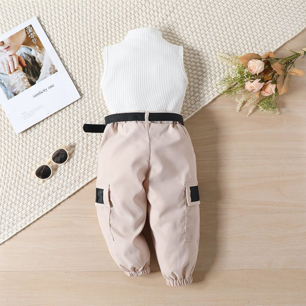 Girls White Turtle Neck Tank Top with Joggers Set Sets   