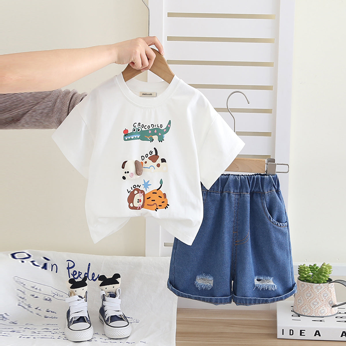Boys White Animal Graphic T-Shirt With Denim Shorts Set 2 pc. Sets White 1-2 Y