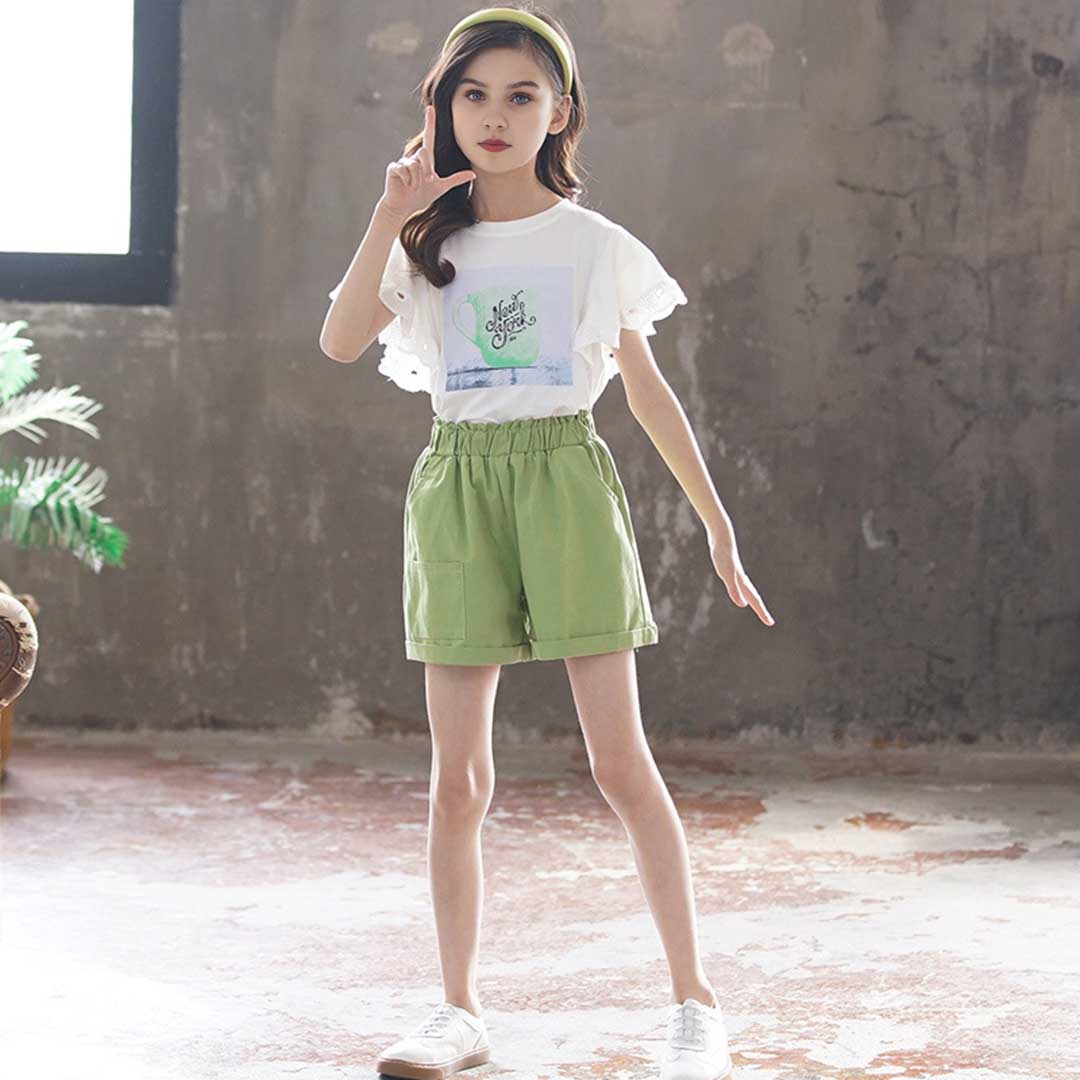 Girls Lace Sleeve Graphic Top With Shorts Set 2 pc. Sets Green 3-4 Y 