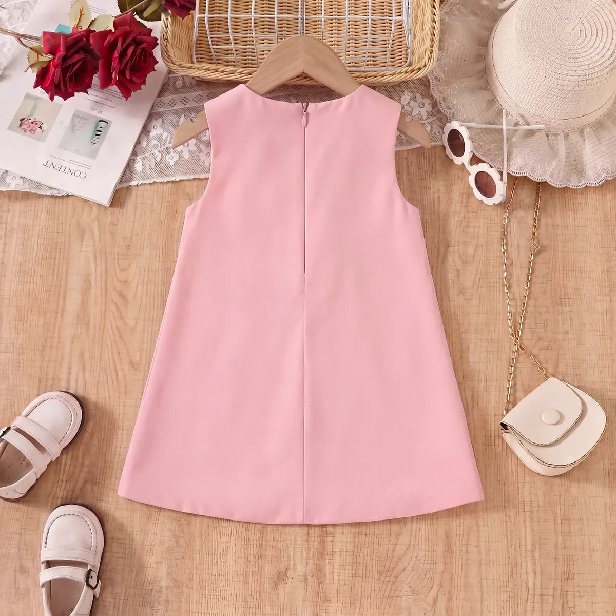 Girls Pink Rose Applique A-line Party Dress Party Dresses