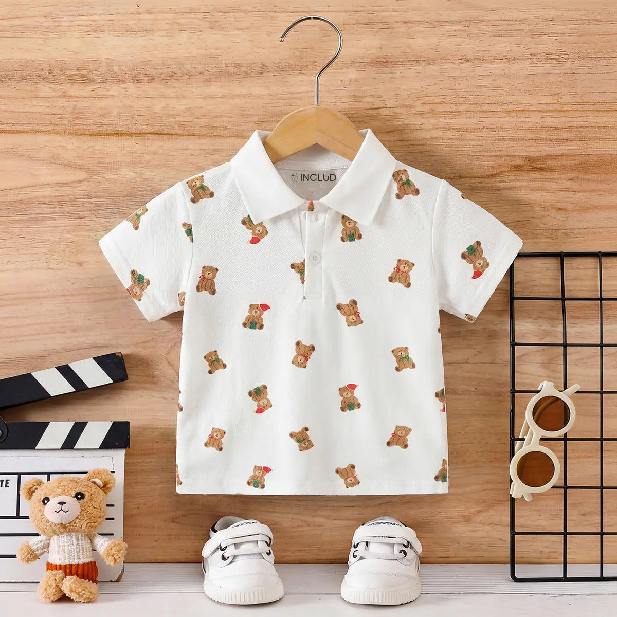 Boys White Teddy Bear Printed Short Sleeve Polo T-Shirt Tshirts White 1-2 Y