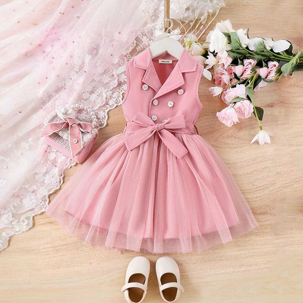 Girls Sleeveless Shirt Collar Fit & Flare Dress Casual Dresses Pink 4-5 Y 