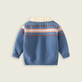Boys Blue Polo Sweater With Self-Design Jacquard Pattern Sweaters & Cardigans
