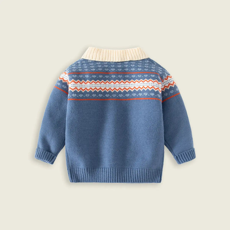 Boys Blue Polo Sweater With Self-Design Jacquard Pattern Sweaters & Cardigans