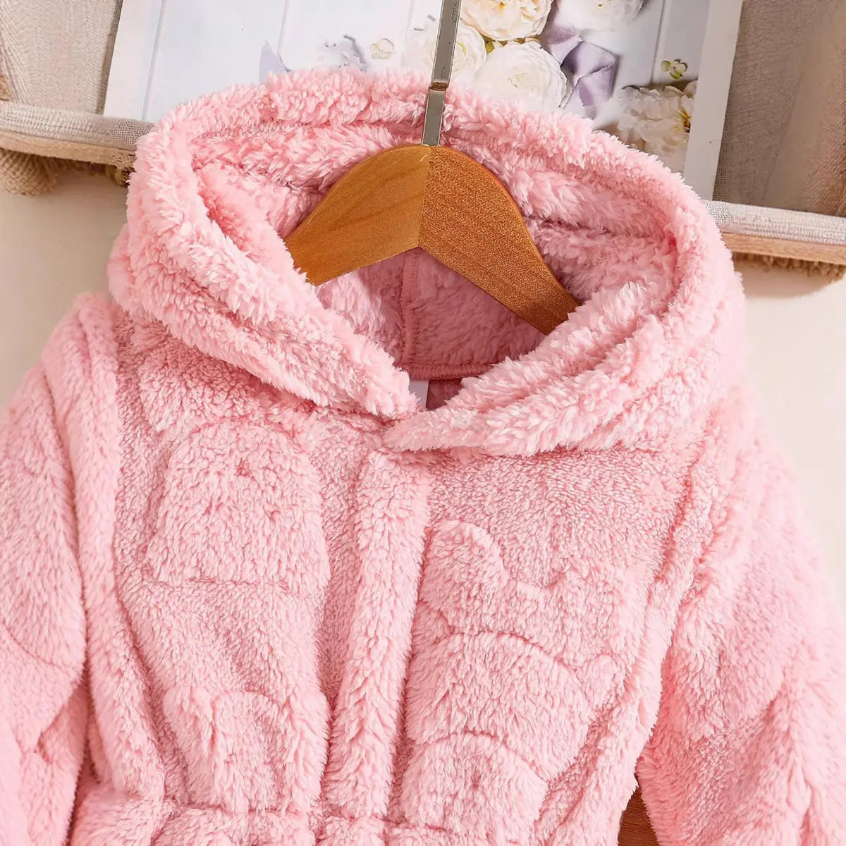 Girls Pink Fleece Hooded Jacket With Self-Design Bear Patterns Coats & Jackets