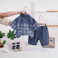 Boys Blue Checked Short Sleeve Shirt With T-Shirt And Denim Shorts Sets 3 pc. Sets