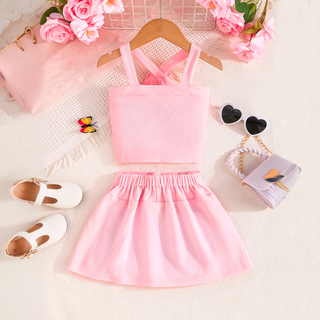 Girls Pink Cross Neck Top With Skirts Set 2 pc. Sets