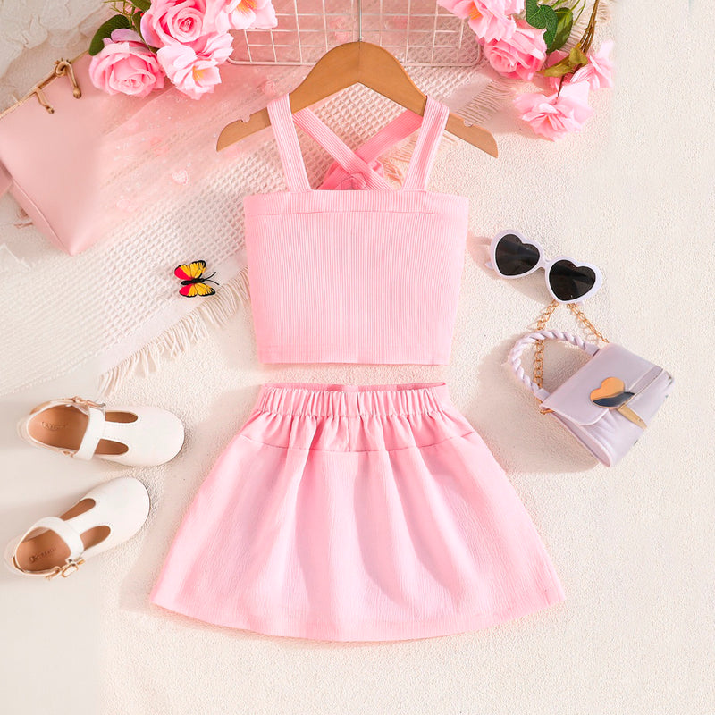 Girls Pink Cross Neck Top With Skirts Set 2 pc. Sets