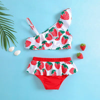 Girls Red Strawberry Printed Top With Ruffled Briefs Swimwear Sets Sets