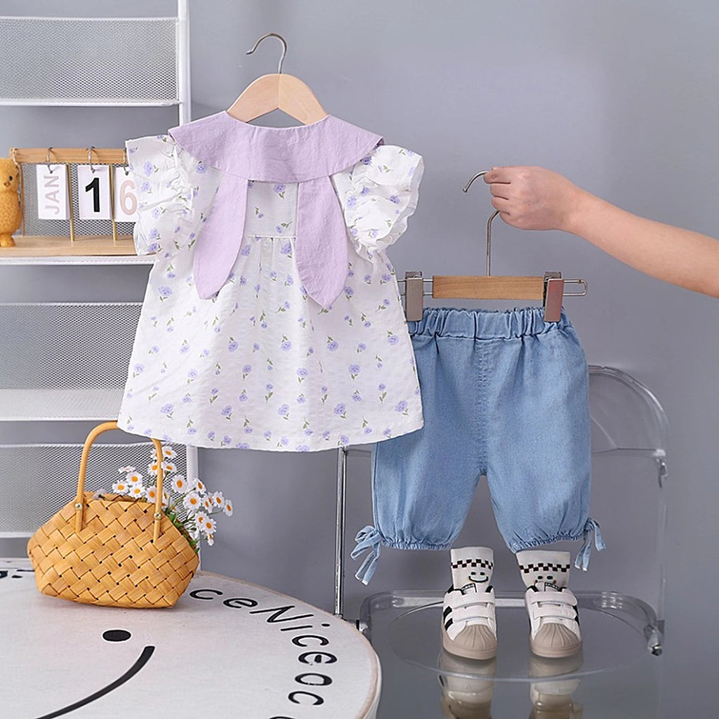 Girls Lavender Floral Printed Short Sleeve Top With Elasticated Shorts Sets 2 pc. Sets
