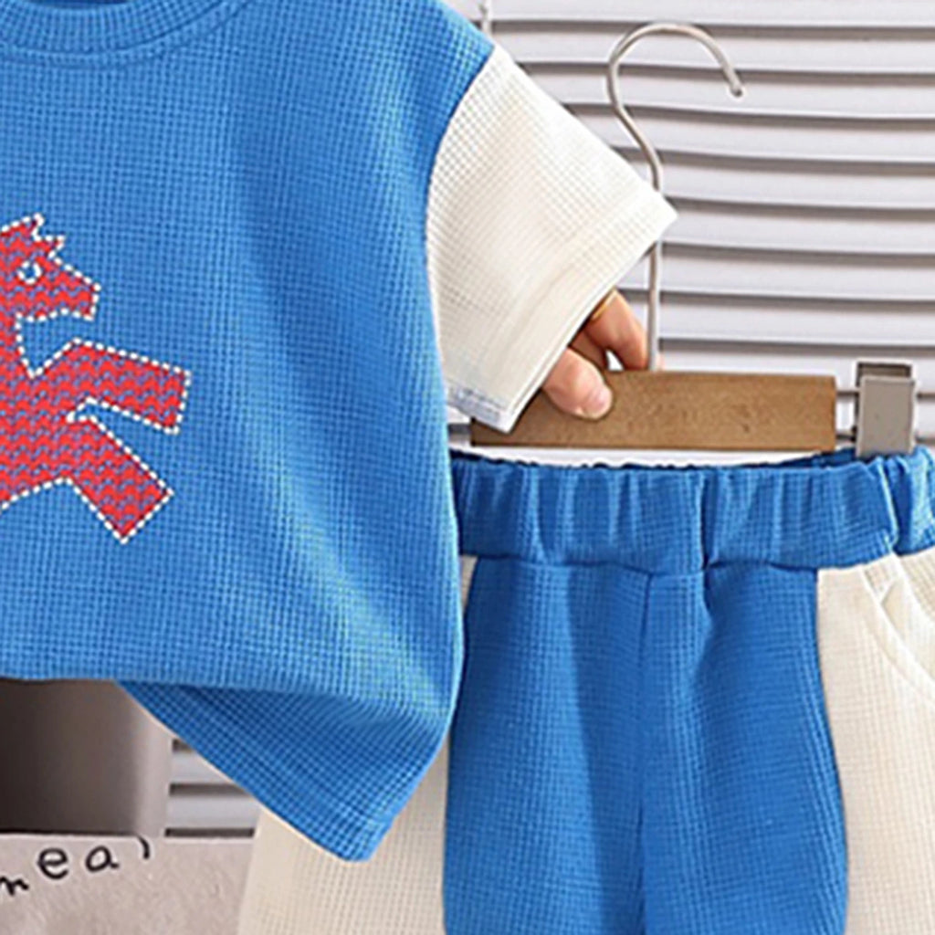 Boys Blue Horse Cartoon Print T-Shirt & Shorts Co-ord Sets Sets
