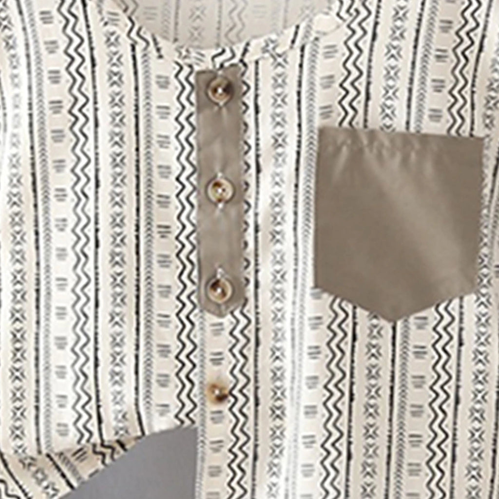 Boys Geometric Pattern Collarless Shirt With Grey Shorts Set Sets