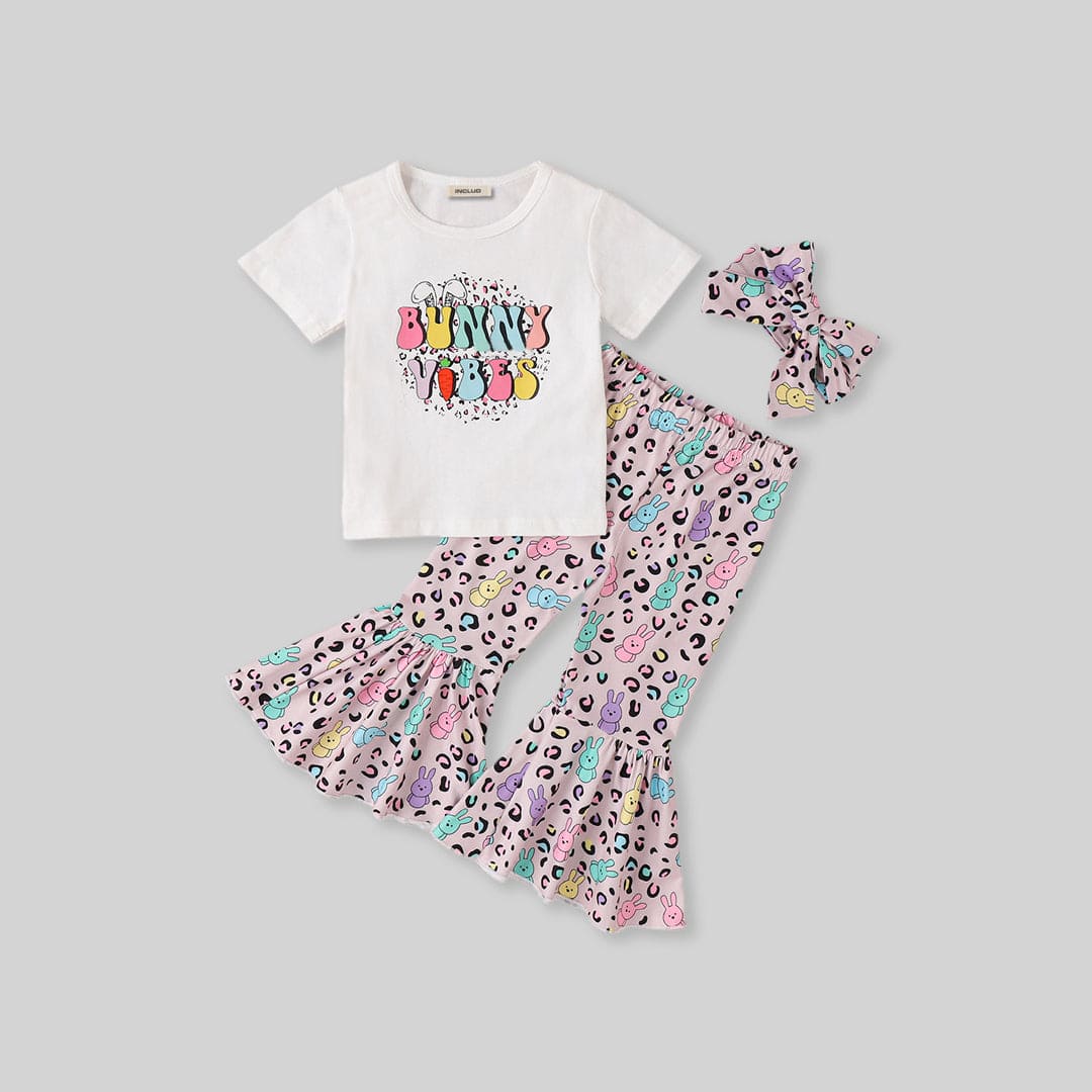 Girls Bunny Print T-Shirt With Pants & Headband 3 pc. Sets   