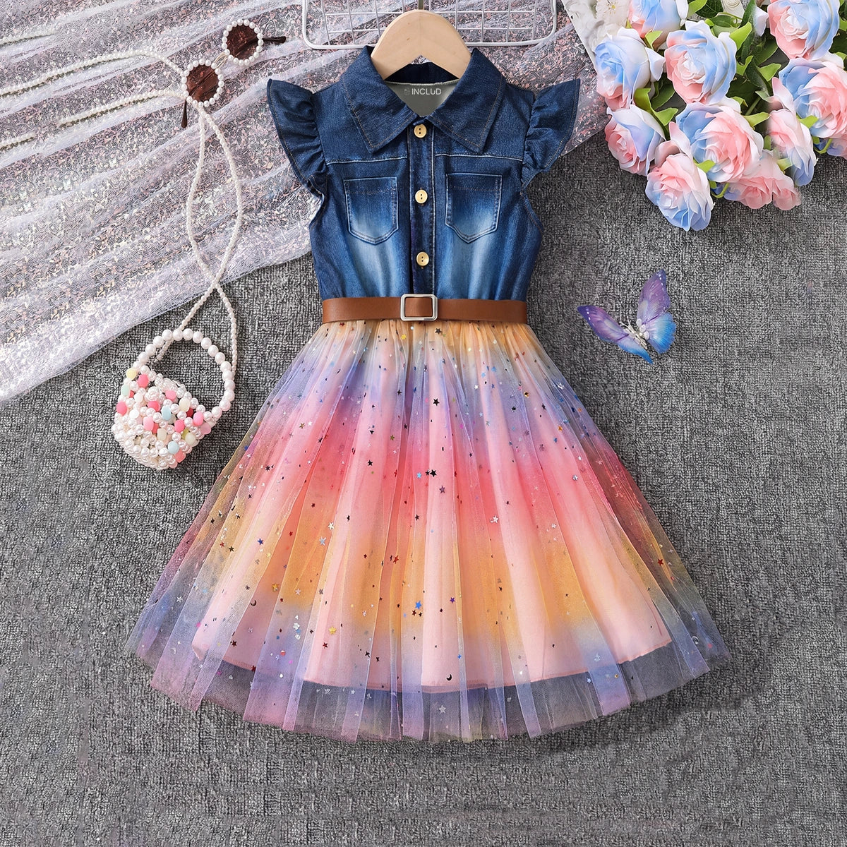 Girls Blue Star Foil Print Flutter Sleeve Fit & Flare Dress Casual Dresses Blue 3-4 Y
