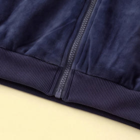 Girls Navy Blue Typographic Printed Hooded Zipper Jacket With Jogger Sets Sets