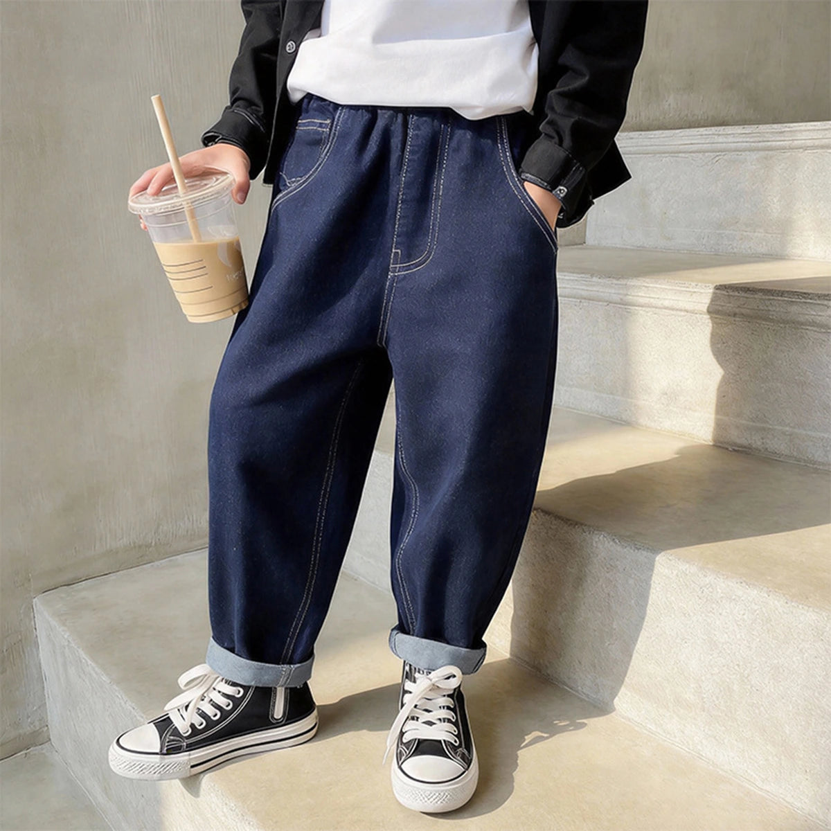 Boys Dark Blue Graphic Elasticated Denim Pants Pants Dark Blue 3-4 Y