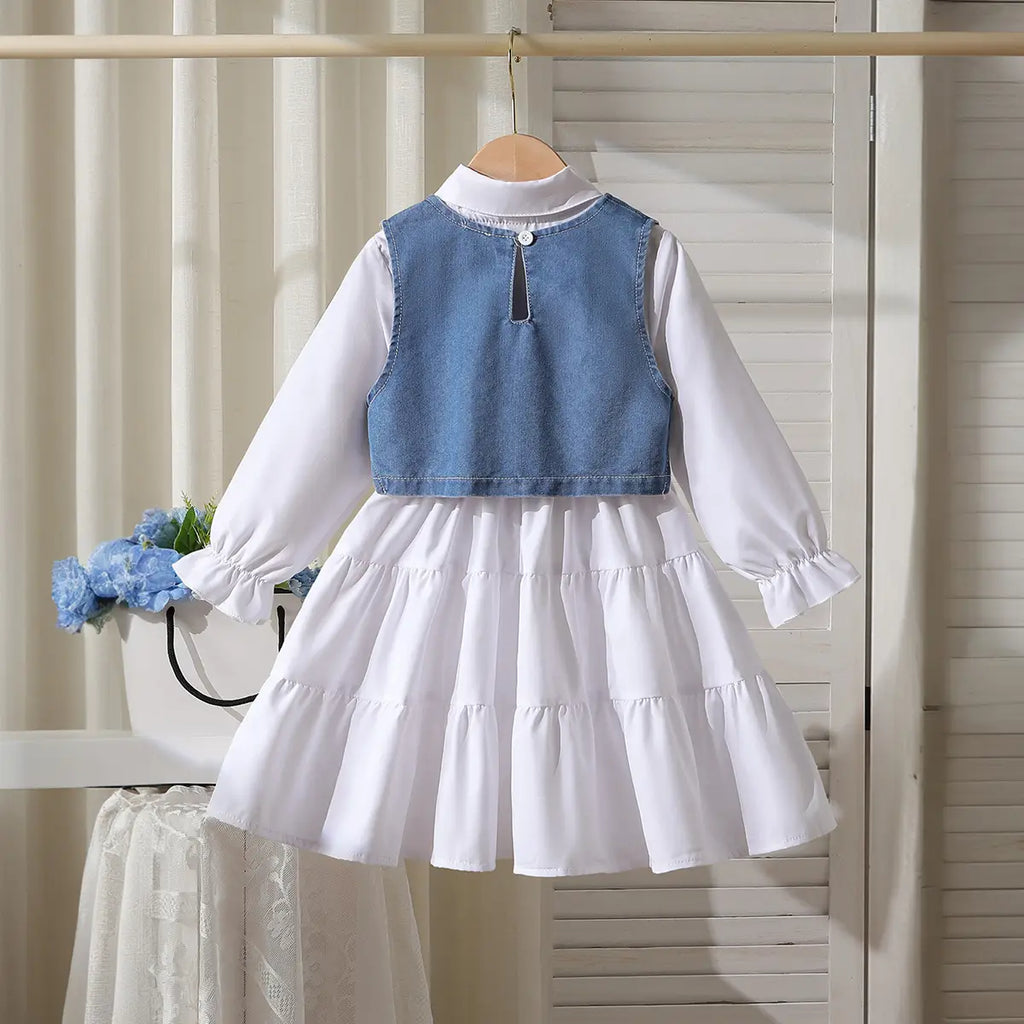 Girls White Long Sleeves Tiered Dress With Pearl Embellishments Denim Vest & Sling Bag Casual Dresses
