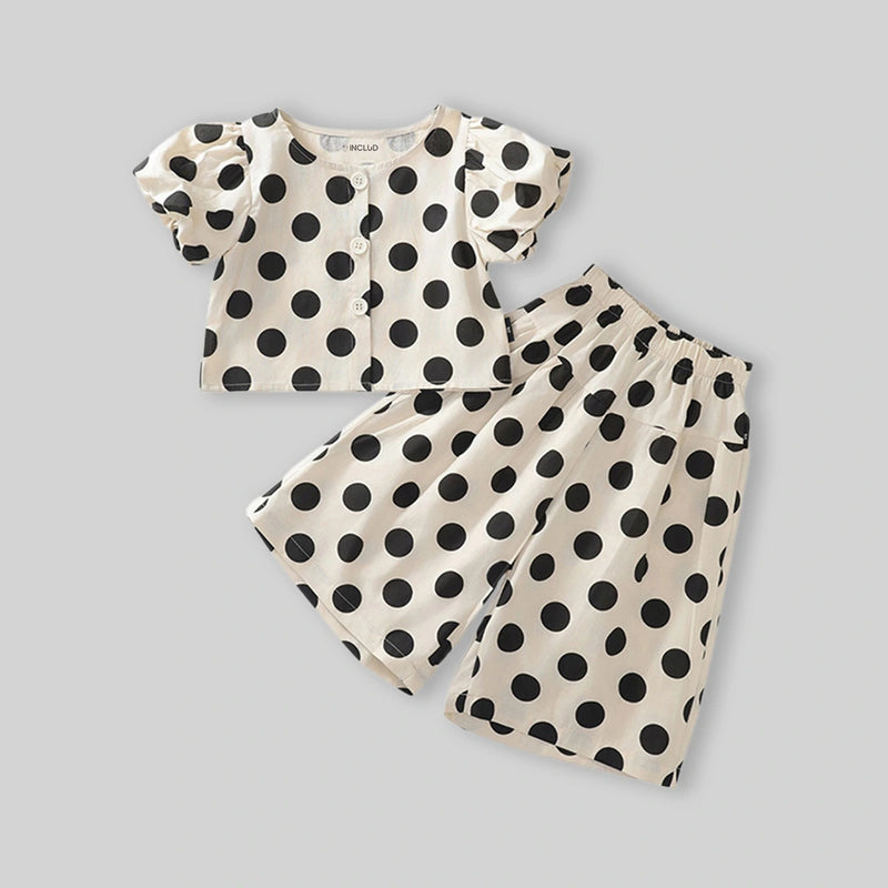 Girls Apricot Polka Dot Printed Puff Sleeve Top With Elasticated Pants Sets Sets