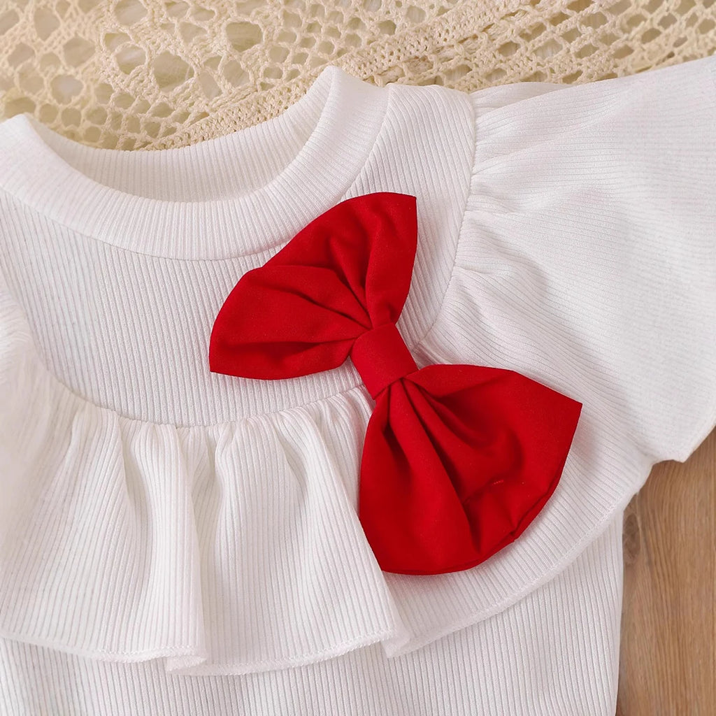 Girls White Bow Applique Short Sleeve Top With Pleated Skirt Sets 2 pc. Sets