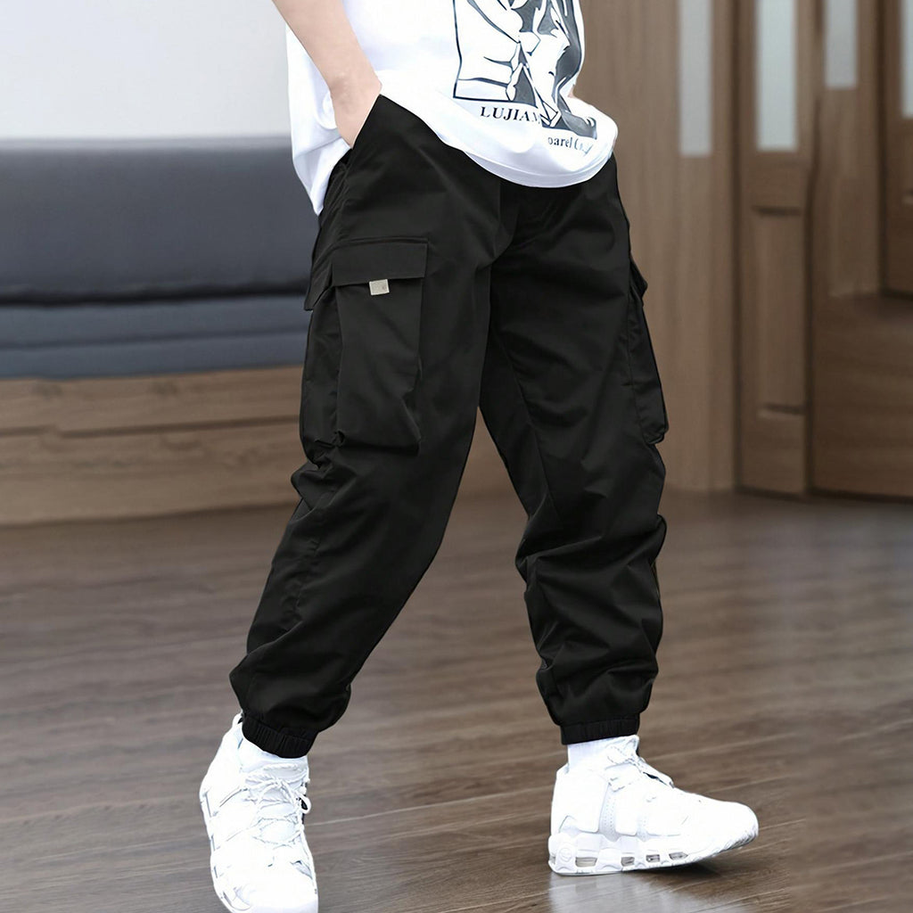 Boys Black Elasticated Cargos Joggers Cargo Pants Black 7-8 Y