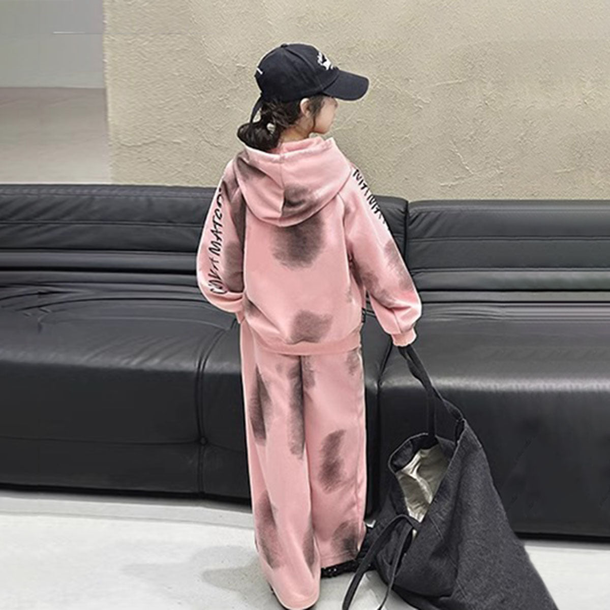Girls Pink Abstract Printed Hooded Sweatshirt With Pants Winter Co-ord Set 2 pc. Sets