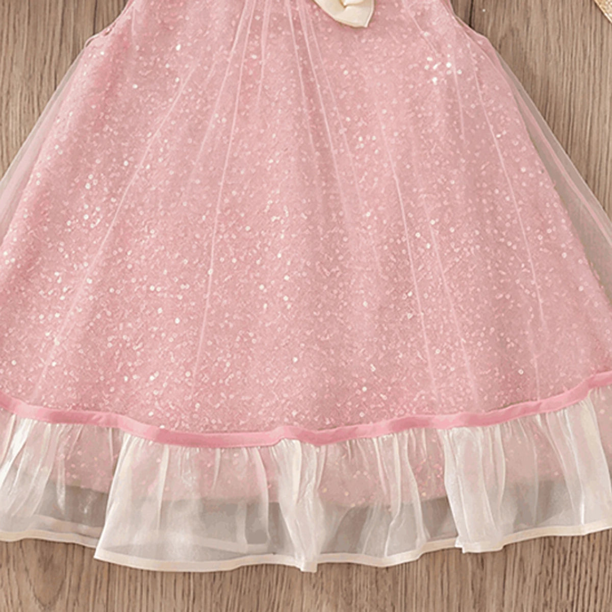 Girls Pink Sequins Embellished Sleeveless A-line Dress Casual Dresses