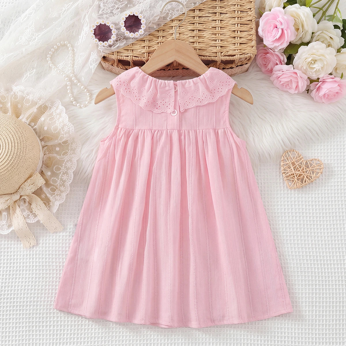 Girls Pink Textured Round Neck A-Line Dress Casual Dresses
