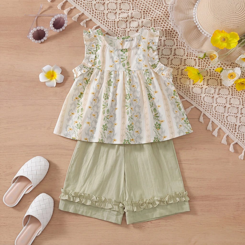 Girls Green Floral Print Sleeveless Top With Crop Pants Sets 2 pc. Sets Green 1-2 Y
