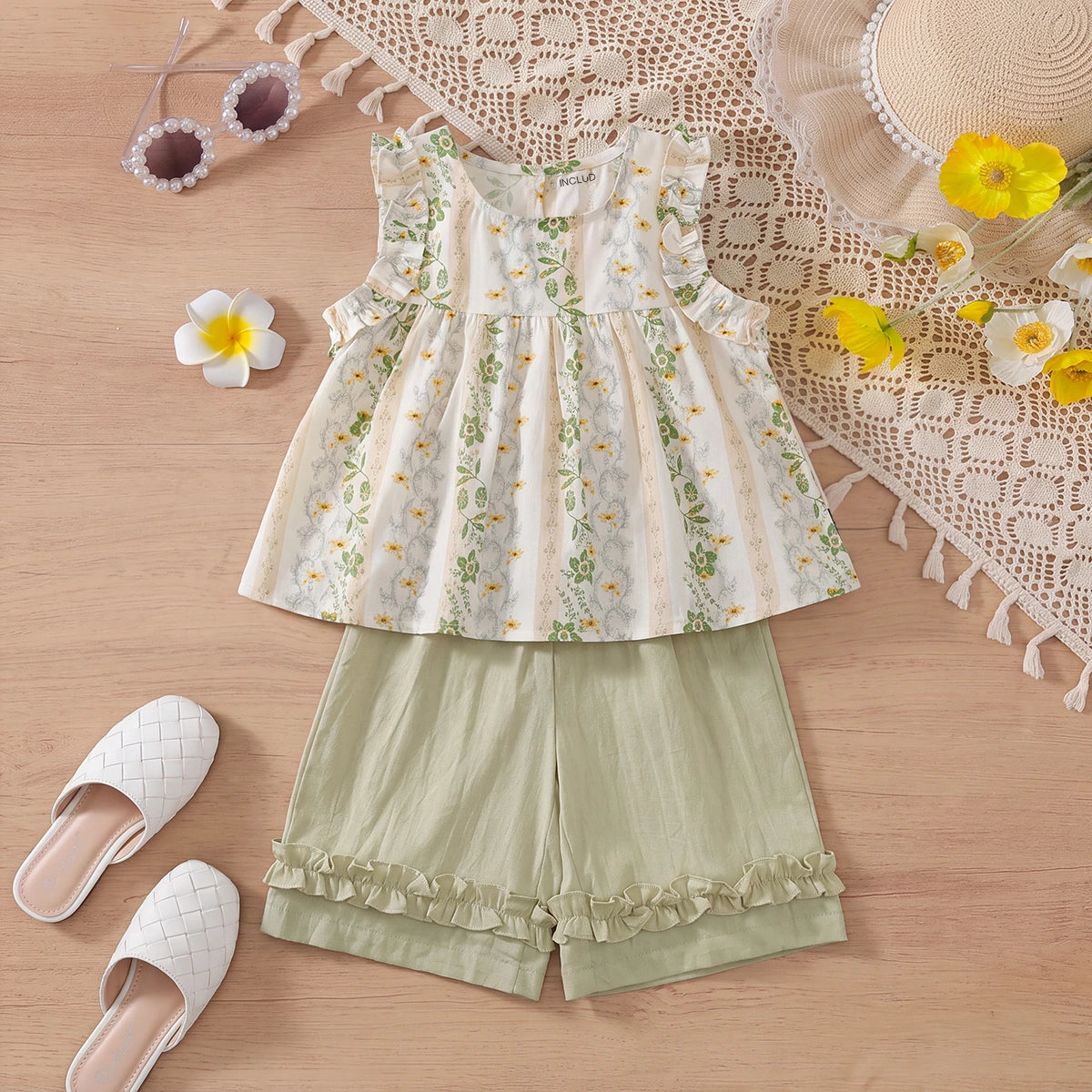 Girls Green Floral Print Sleeveless Top With Crop Pants Sets 2 pc. Sets Green 1-2 Y