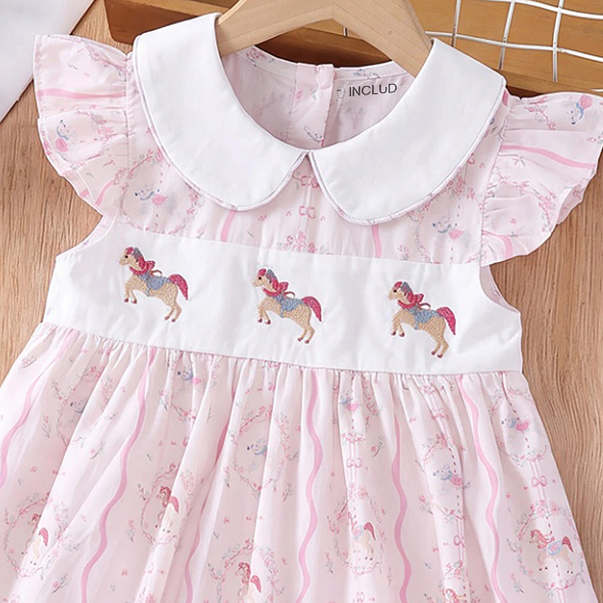 Girls Light Pink Horse Print Flutter Sleeve A-Line Dress Casual Dresses