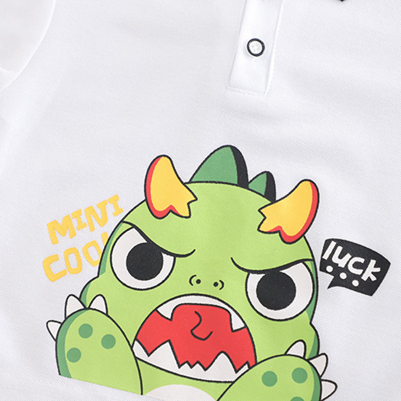 Boys White Cartoon Graphic Polo T-Shirt With Denim Shorts Set 2 pc. Sets