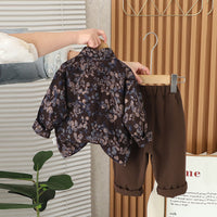 Boys Brown Long Sleeve Printed Shirt With Neck Tie And Pants Set 2 pc. Sets
