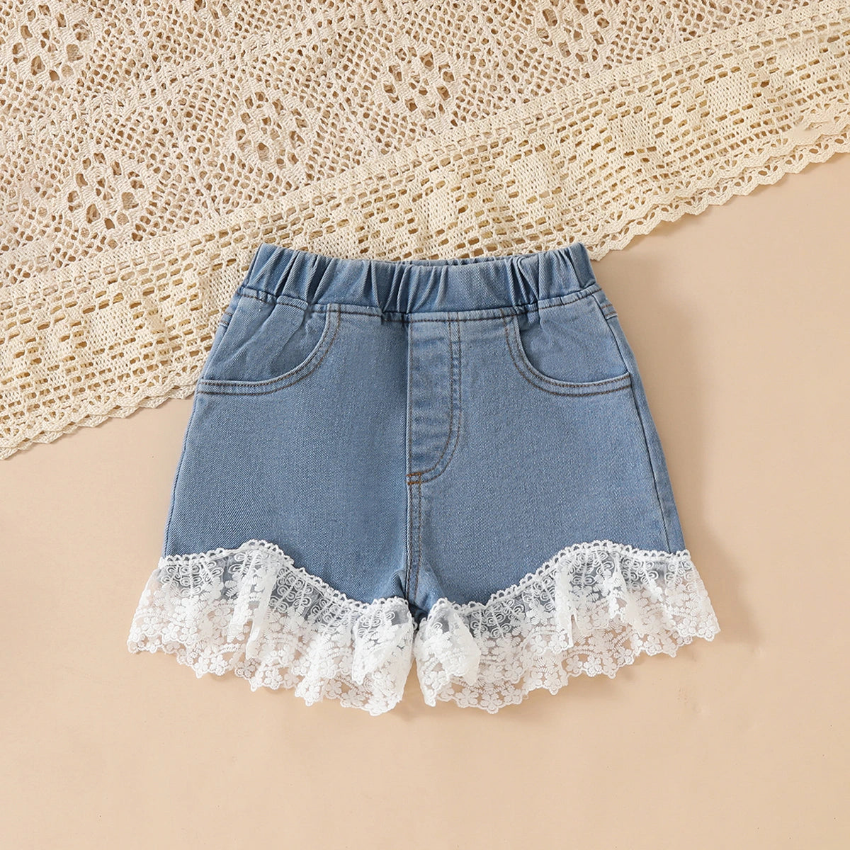 Girls White Floral Embroidered Top & Denim Shorts With Lace Trim Sets Sets