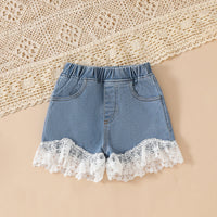 Girls White Floral Embroidered Top & Denim Shorts With Lace Trim Sets Sets