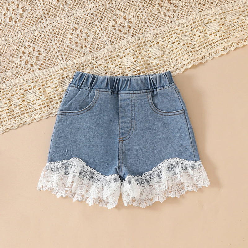 Girls White Floral Embroidered Top & Denim Shorts With Lace Trim Sets Sets