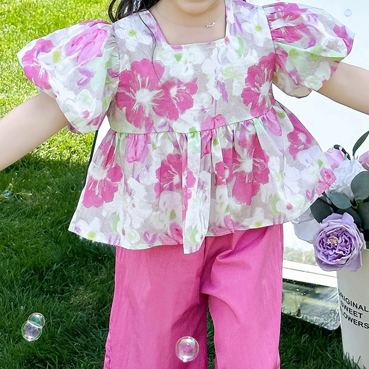 Girls Pink Floral Print Puff Sleeve Top With Pants Sets Sets