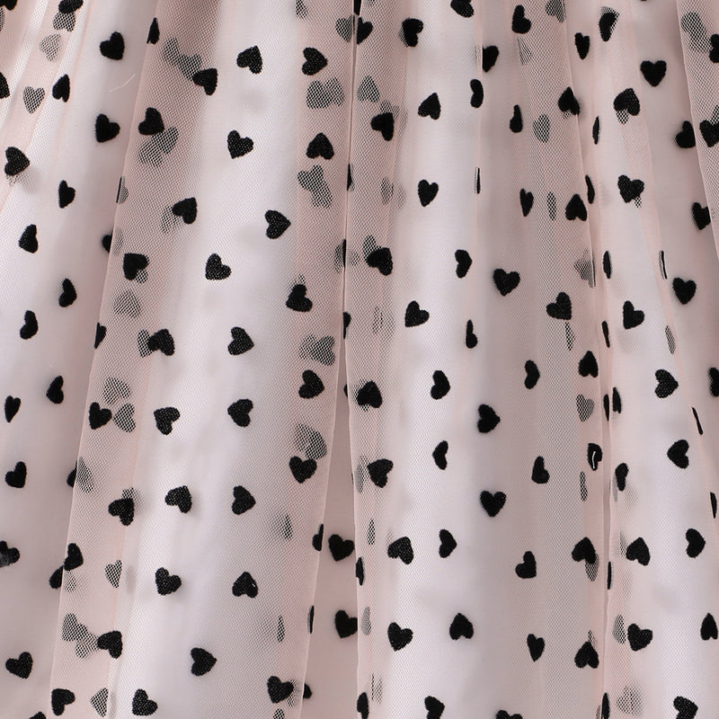 Girls Pink Long Sleeve Heart Print Fit & Flare Tulle Dress Casual Dresses